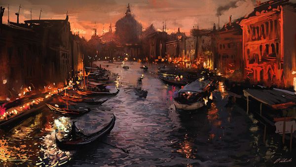 . : «Dusk River». : Darek Zabrocki. : https://get.wallhere.com/photo/painting-boat-cityscape-Italy-night-reflection-Venice-artwork-evening-river-canal-gondolas-screenshot-waterway-gondola-148511.jpg