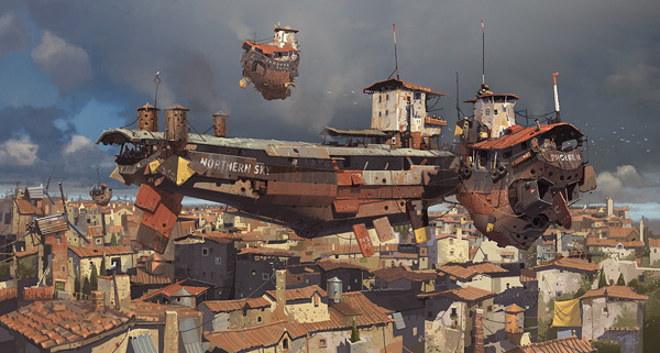 . : «Alongside the Bunker Barge». : Ian mcQue. : https://img1.goodfon.ru/original/2020x1080/f/66/art-ian-mcque-gorod-korabli.jpg