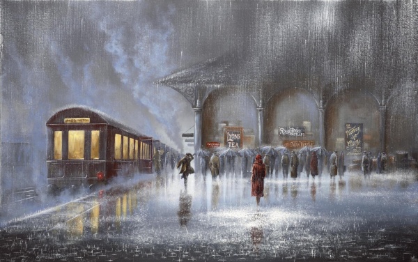 . : «Right Here Waiting for You». :   (Jeff Rowland). : https://w-dog.ru/wallpapers/13/2/469709900379878/kartina-dzheff-roulend-vokzal-dozhd-liven-dvoe-vstrecha-muzhchina-zhenshhina-lyudi-zontiki-vago