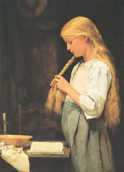 Иллюстрация. Название: «Девочка, заплетающая волосы» (1887 г.). Автор: Альберт Анкер. Источник: https://avatars.mds.yandex.net/get-  zen_doc/1716911/pub_5dbe88951e8e3f00b1e42e1a_5dbeb0af433ecc00b1ae9fdf/scale_1200
