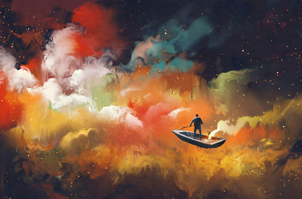 . : grandfailure. : «        ». : https://stock.adobe.com/nl/images/man-on-a-boat-in-the-outer-space-with-colorful-cloud%2Cillustration/108897176