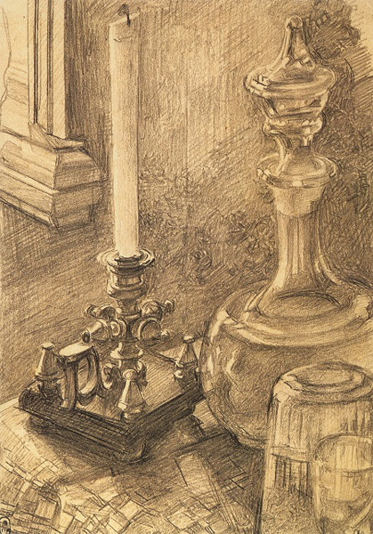 Врубель. Натюрморт. Подсвечник, графин и стакан. 1905.