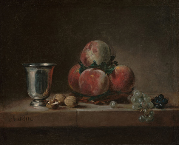 Шарден. Натюрморт с персиками, серебряным кубком, виноградом и орехами (ок. 1759-60).