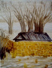 House behind the stone wall, 2001. Oil on canvas, 68x97 cm