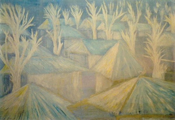 House-tops and trees in the winter fog, 2001 Oil on canvas,58x97 cm